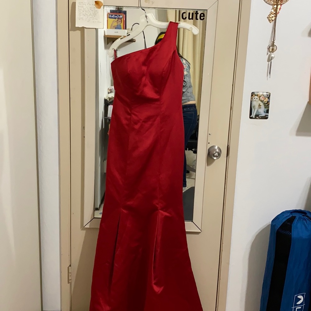 Red satin asymmetrical gown